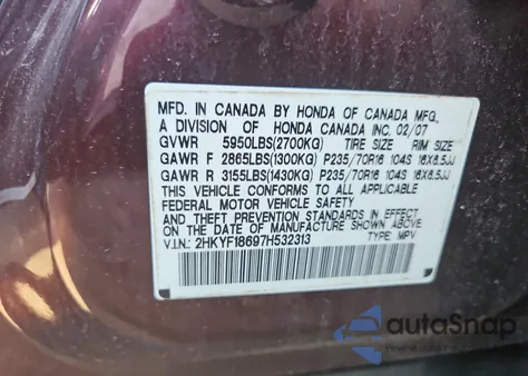 2007 Honda Pilot Exl из США, поврежденный, VIN 2HKYF18697H532313